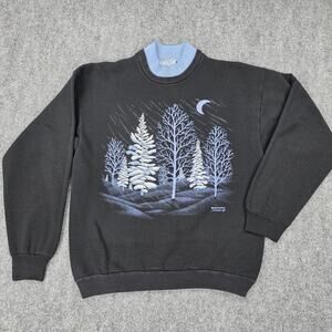 Vintage Morning Sun Sweatshirt Womens Petite Small Black Winter Nature Trees USA